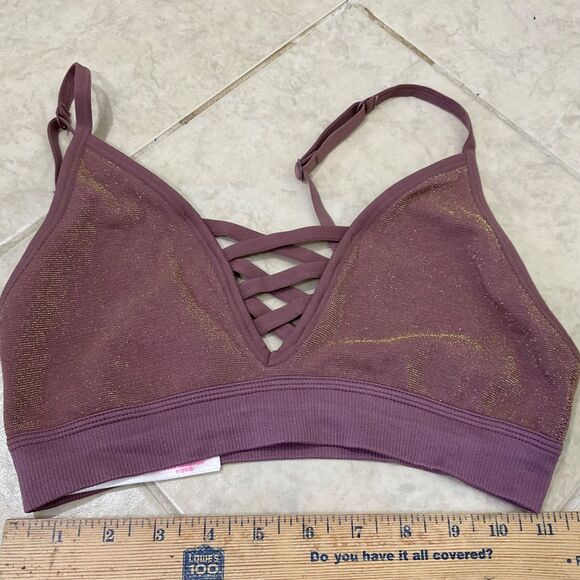 PINK Victoria's Secret Bralette Size Medium Purple metallic gold criss cross - Picture 2 of 8